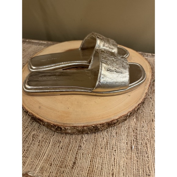 Tory Burch Double T Sport Slide Leather Sandals Gold Spark Sz-9.5 298$ - Picture 9 of 14